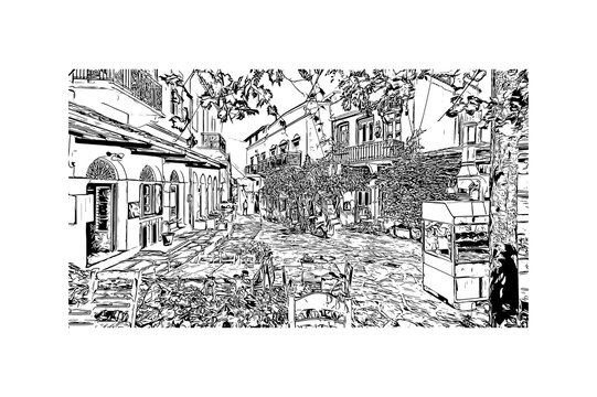 Building view with landmark of Naxos is the 
city in Greece. Hand drawn sketch illustration in vector.