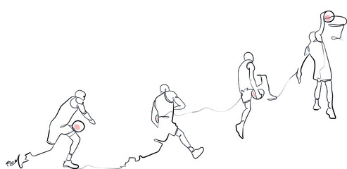 Continuous One Line Art: Basketball crossover slam dunk 