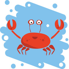 Naklejka premium Vector illustration of a red jumping crab with claws and legs with a smile and eyes on a blue background.