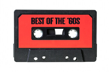 A black retro vintage cassette tape (obsolete audio technology) with the text Best of the '60s written on the red label.
