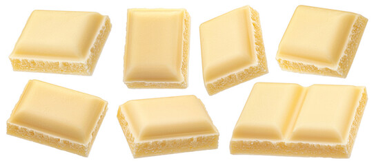 White milk chocolate pieces isolated on white background