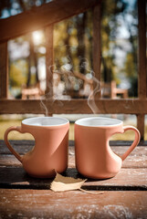 two heart shaped mugs with tea on a Park bench
