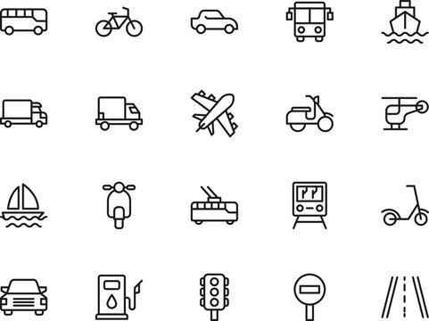 Road, transport, traffic sign. Vector symbol perfect for adverts, store, shops, books. Editable stroke. Line icon set with icons of bus, car, plane, ship, van, sailboat, helicopter etc