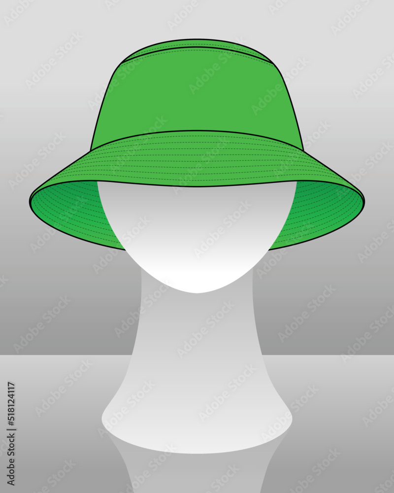 Poster Blank Green Bucket Hat Template On Mannequin Head, Vector File.