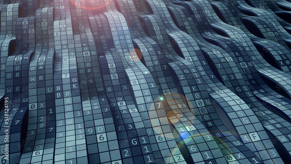 Leinwandbilder Stream of encoded information. Secure cipher, computer code 3D illustration. Private data in global network