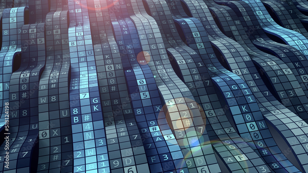 Poster Stream of encoded information. Secure cipher, computer code 3D illustration. Private data in global network