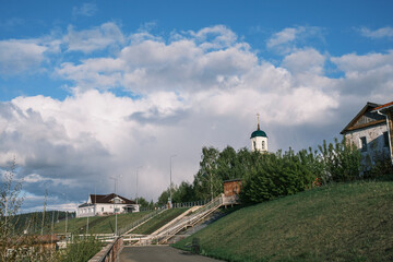 Vyatskiye Polyany, Russia, May 2022: View of St. Nicholas Cathedral. Religion concept.