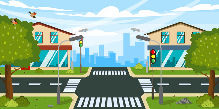 Vector illustration of a beautiful summer crossroads. Cartoon urban landscape with trees, path, lantern, houses, birds, traffic lights, highway and city in the background.