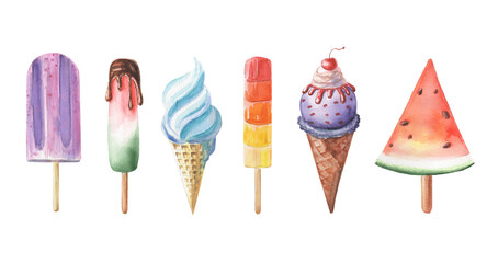 Watercolor hand-drawn set of summer bright tasty ice-cream with fruits, berries and waffles. Food illustration with fruity, vanilla, chocolate and creamy cold desserts.