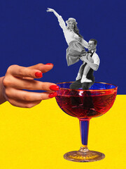 Contemporary art collage. Creative design. Cheerful couple dancing inside delicious alcohol cocktail. Party time, celebration