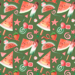 Bright watercolor seamless summer botanical pattern. Food tropical print with watermelon, ice-cream and candies. Art for packs, fabrics, textiles at green background.