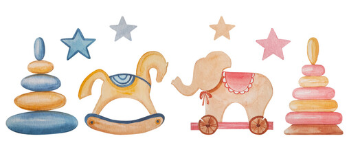 Set of watercolor illustrations of vintage wooden toys for newborn twins. Cute cartoon elephant, horse, pyramide and star for nursery and kids bedroom design.