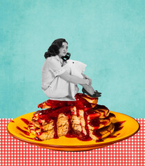 Contemporary art collage. Creative design. Desperate, sad woman sitting on delicious sweet...
