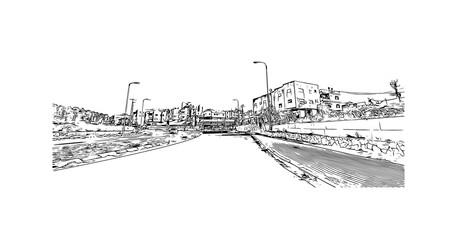 Building view with landmark of Nazareth is the city in Israel. Hand drawn sketch illustration in vector