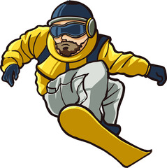 yellow snow boarder jump in the air 