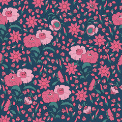 Seamless pattern with pink abstract flowers. Retro, vintage style. Vector illustration.