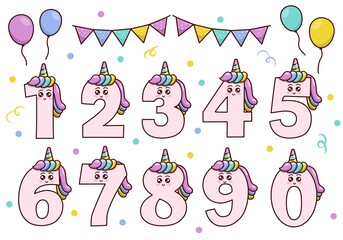Cute unicorn collection with numbering for birthday party, kid education, ornament. Funny font