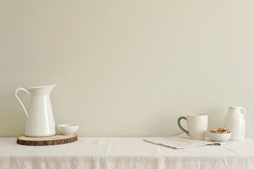 Minimal rustic Scandinavian kitchen interior,  white dishware on table with linen tablecloth, blank wall mockup for art presentation or text.