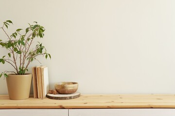 Wall mockup for wall art, design, photography presentation, minimal composition with plant, books and wooden bowl on natural wood shelf.