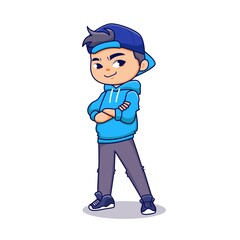 Cartoon cool boy with blue jacket and hat stand pose in casual style character flat illustration