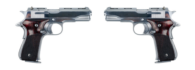Short pistol, pistol, stainless steel automatic pistol gun, on white with clipping path.                         
