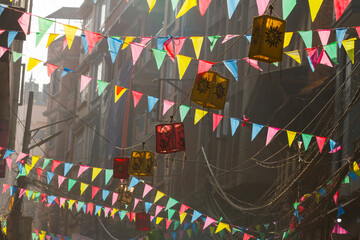 Prayer buddhist flags fluttering in the wind in Kathmandu, Nepal