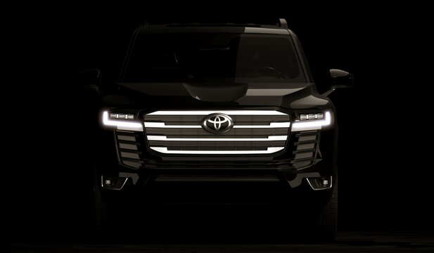 Almaty, Kazakhstan - June 2022: Brand new SUV Toyota Land Cruiser 300 isolated on dark background. 3d render