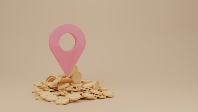 GPS pin with Gold coins.coins Cashback and banking,money-saving.empty copy space,Isolate background.Pastel concept.3D rendering illustration.