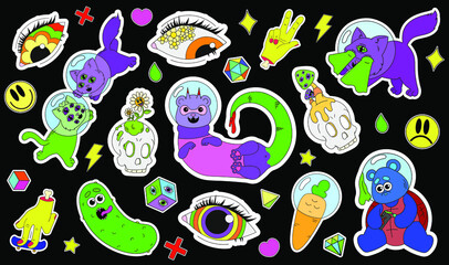 A set of psychedelic stickers with space animals in helmets, psychedelic skulls and eyes, hands with protruding bones and strange vegetables. Surrealism