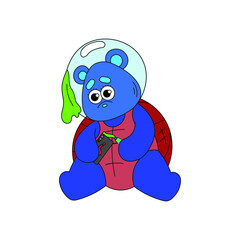 A cute psychedelic bear with a turtle shell squeezes toothpaste onto the phone. Flat vector illustration. Surrealism