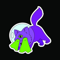 A cute kitten with purple fur and three eyes in a helmet from a spacesuit, shoots green lasers from its eyes. Psychedelics, surrealism