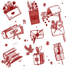 Vector set of 9 romantic illustrations (greeting cards, postal envelopes, package, mailbox).