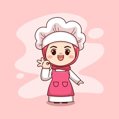 Cute and kawaii female chef with delicious sign cartoon manga chibi vector character design