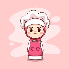 Happy cute and kawaii hijab female chef or baker cartoon manga chibi vector character design