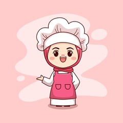 Happy cute and kawaii hijab female chef or baker cartoon manga chibi vector character design