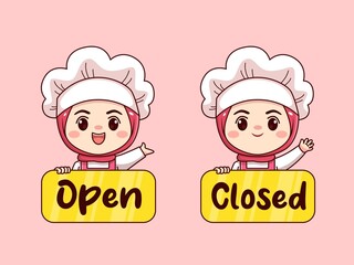 Cute and kawaii hijab female chef or baker with open closed board cartoon manga chibi vector character design