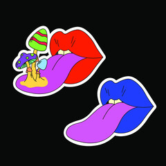 A set of two psychedelic lips. Lips with tongue sticking out, mushrooms. Surrealism.