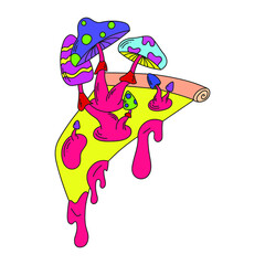 A psychedelic pizza sticker with psychedelic mushrooms growing out of it. Pink liquid drips from the pizza. Surrealism.