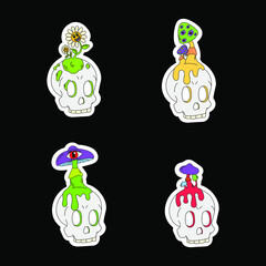 A set of four psychedelic skulls with mushrooms and flowers on top. Psychedelics, surrealism