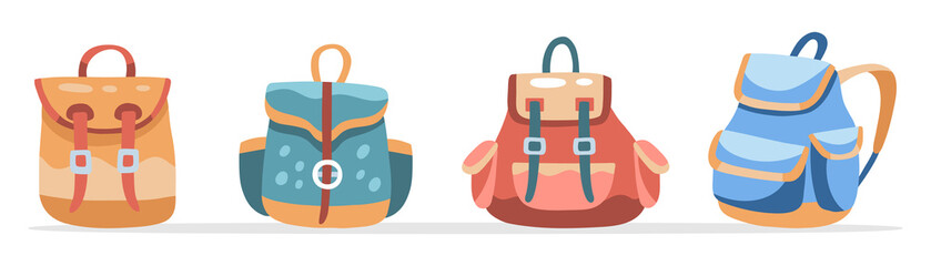 Set of backpacks for comfortable trip. Trendy luggage for stickers, web design, social media and advertisement. Tourism day. Hand drawn cartoon flat vector illustration