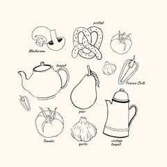 set of hand drawn vegetables and teapot