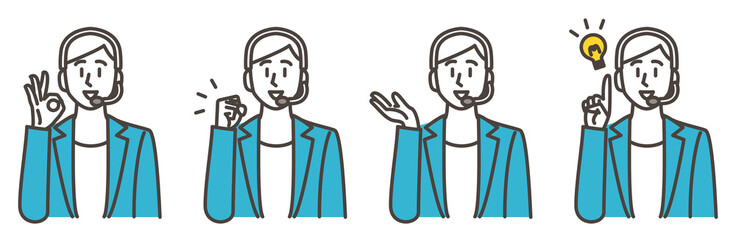 Vector illustration set of female operator [good, fist pump, guide, index finger].