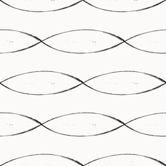 Abstract grunge loops seamless vector pattern. Fine calligraphy twisting brushlines background.Monochrome inky backdrop. Horizontal overlapping entwined waves with texture design. Symmetrical repeat.