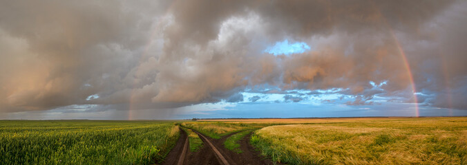 Summer rural panoramic landscape with rainbow over the dirt road passing through the fields