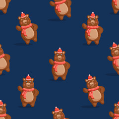 Seamless pattern with a forest brown winter bear in a hat and scarf. Vector Christmas illustration for fabric, texture, wallpaper, poster, card. Editable elements. Cartoon design.