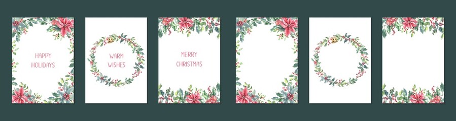 Merry Christmas Watercolor Greenery frame, wreath, bouquet illustration card set. Spruce,poinsettia, holly berry Happy new year,warm wishes lettering,text greeting card, invite,print,poster,design diy