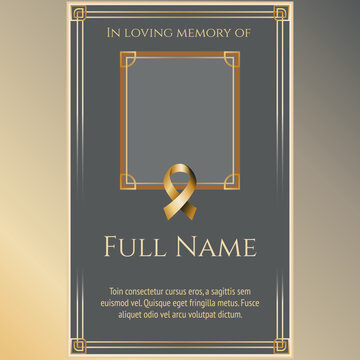 funeral card template with metallic ribbon and photo frame