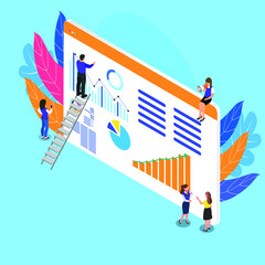 Managers analyze data scene. Colleagues researching statistics from charts isometric 3d vector illustration concept for banner, website, illustration, landing page, flyer, etc.