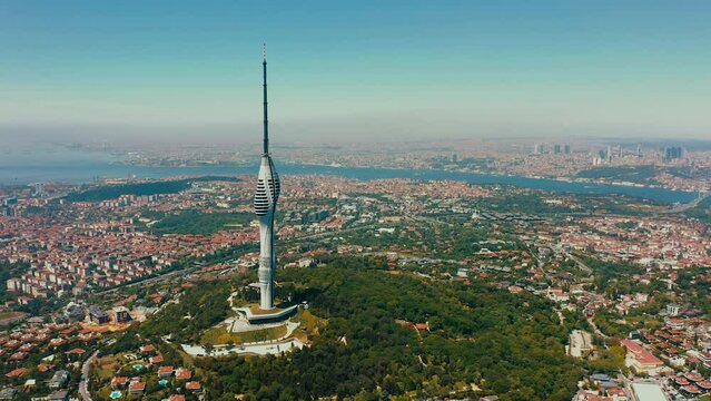 Aerial drone view of Camlica Television Radio Tower, Istanbul Turkey. Communications Tower with observation decks and restaurants, TV Tower with modern architecture