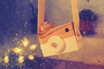 Wooden camera toy hanging on the window.